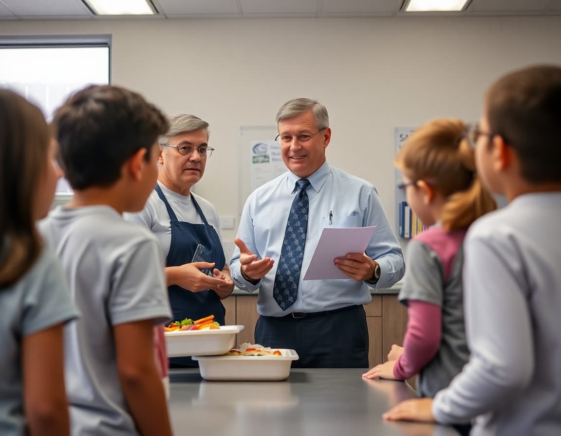 School principal and cafeteria staff showing new lunch menu options to students in cafeteria