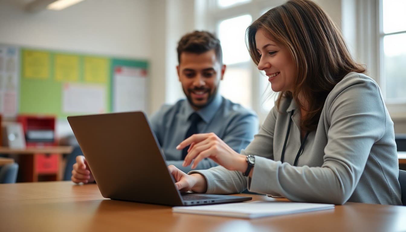 Principal reviewing family feedback survey results from new school program on laptop