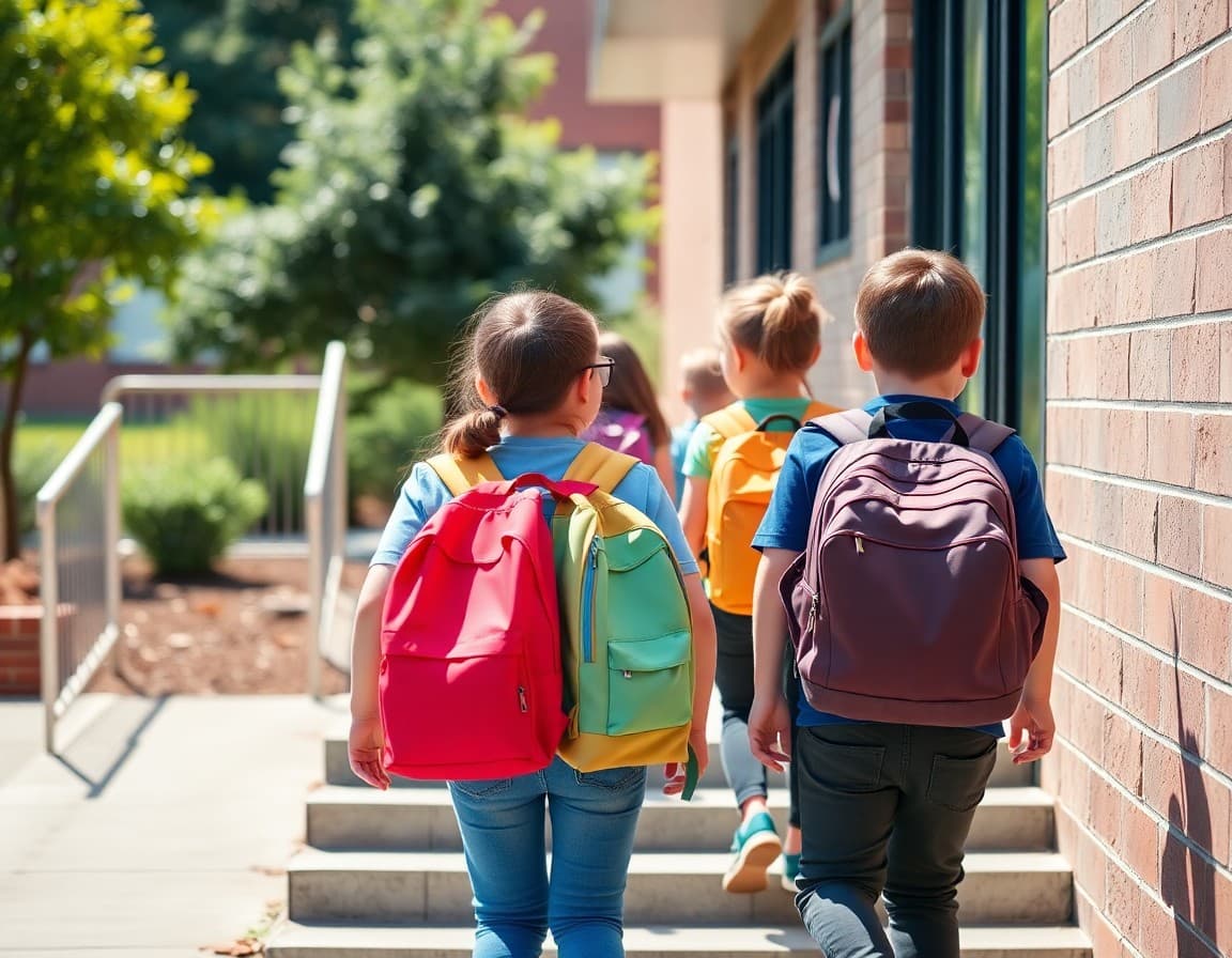 Students in colorful backpacks walking up school steps on a sunny September morning