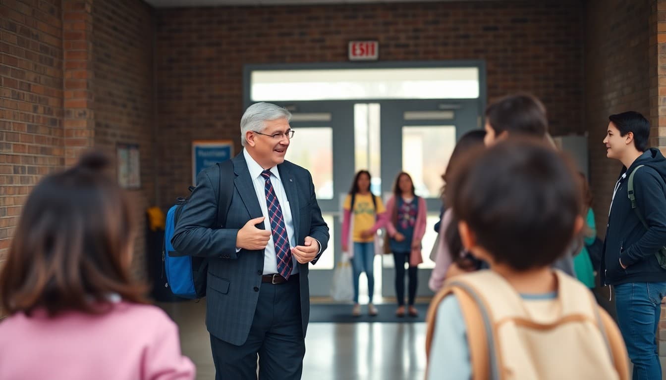 Principal greeting students and parents at the school entrance on the first day of school