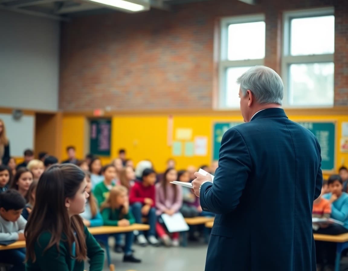 Principal addressing students at all-school assembly at start of spring semester
