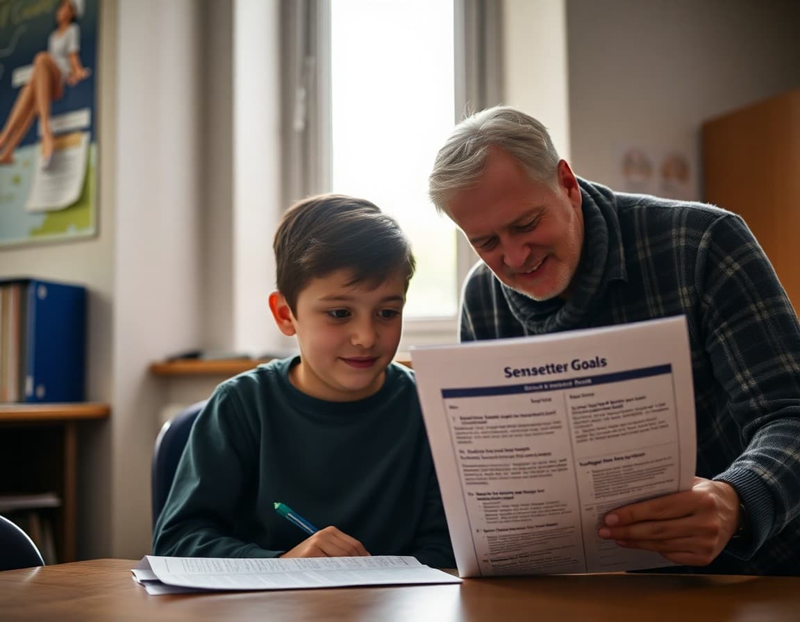 Student and parent looking at second-semester goals outlined in a school newsletter