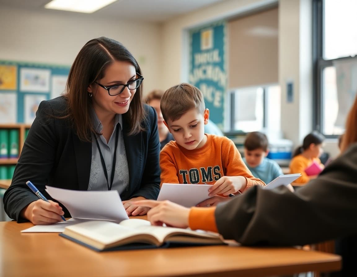 Principal and new teacher reviewing student work together in a classroom