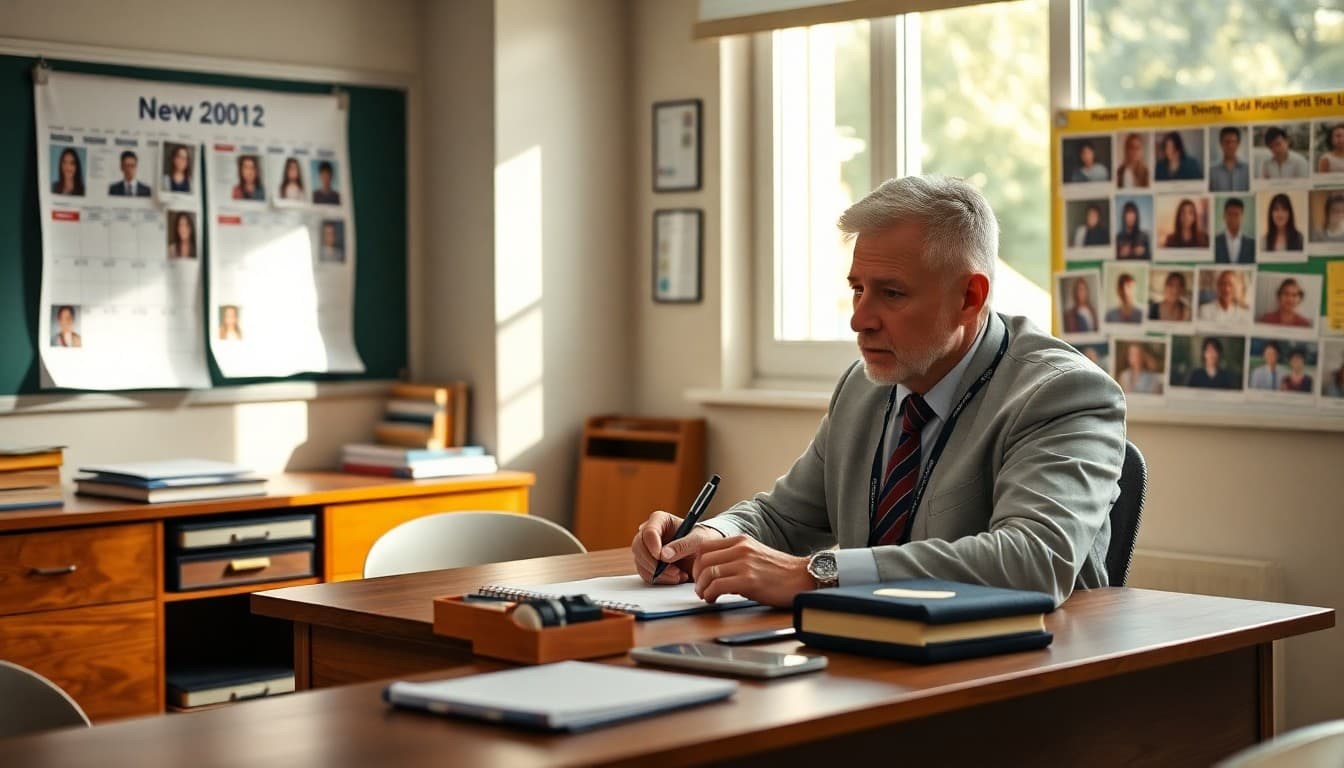Principal writing new year message at desk with school calendar and student photos displayed