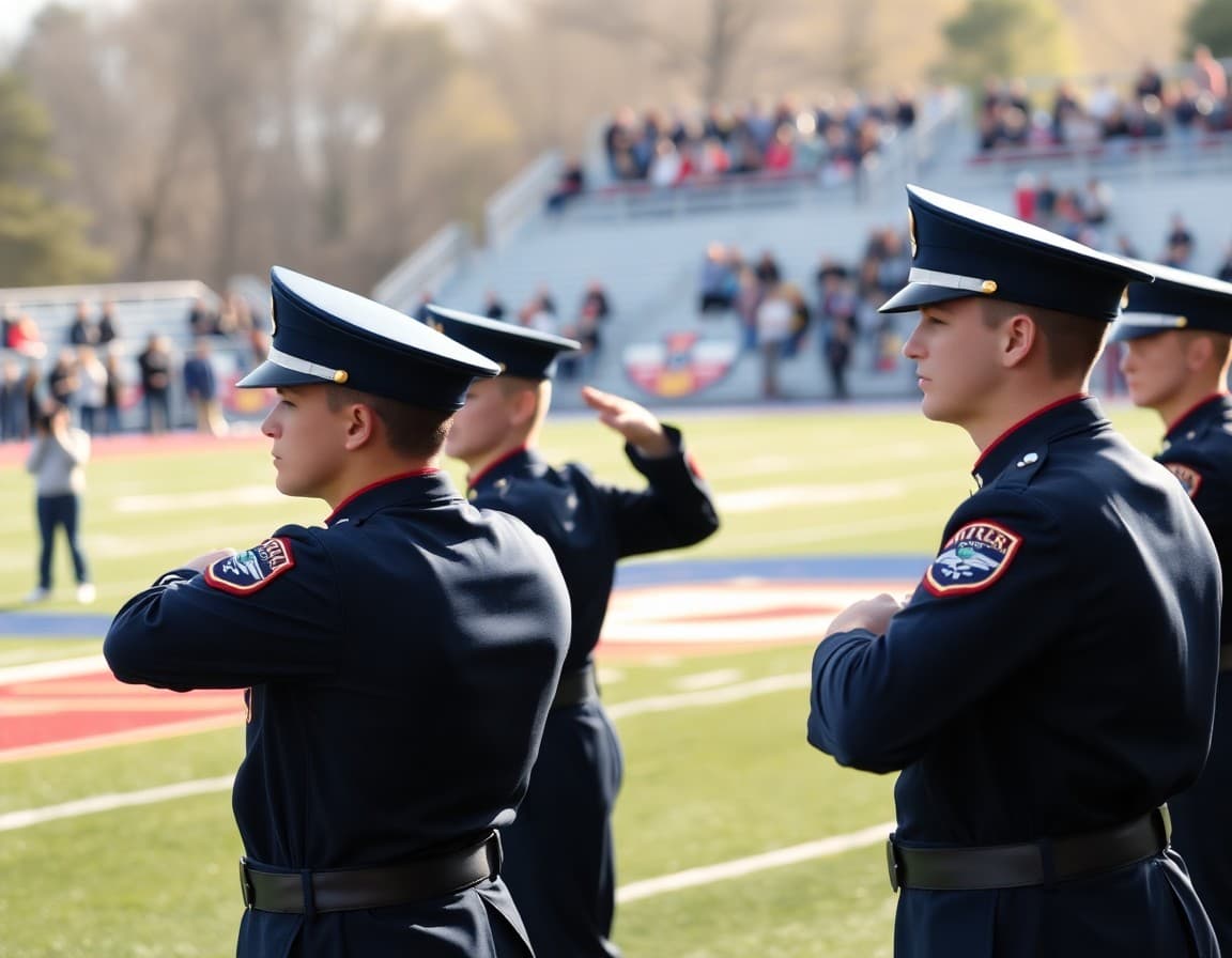 High school NJROTC cadets demonstrating drill routine at school sports event on football field