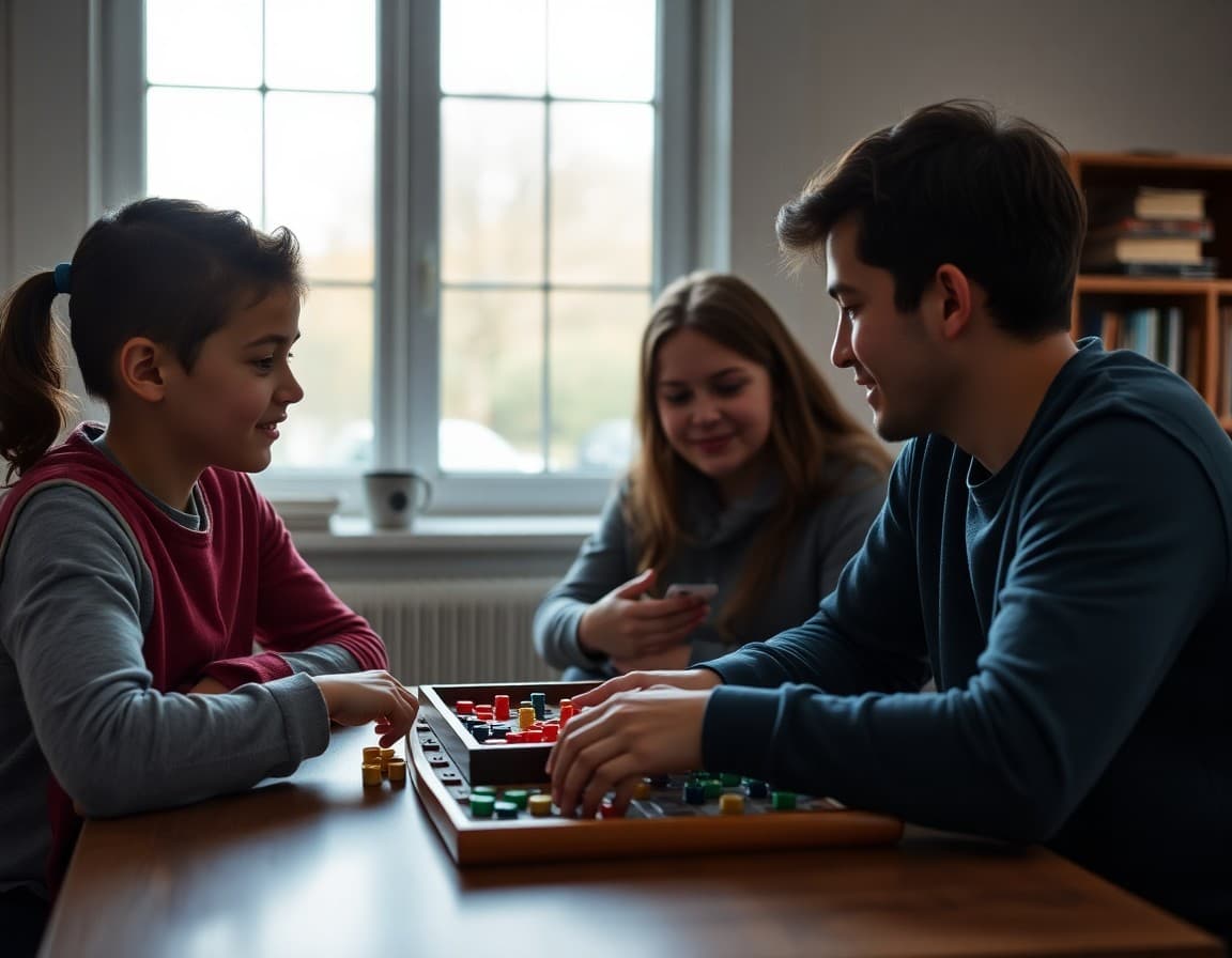 Family playing a board game together in the evening, representing family time freed from homework