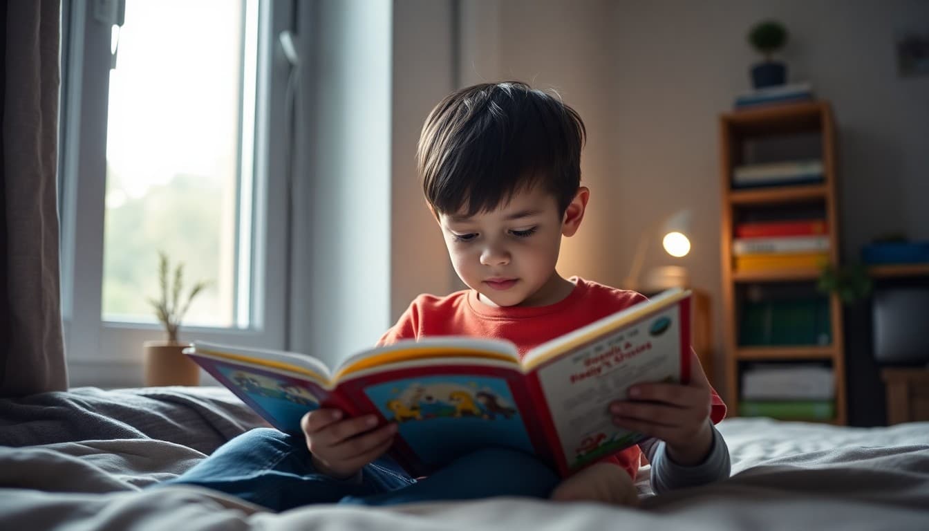 Child reading a book at home in the evening in a relaxed home setting