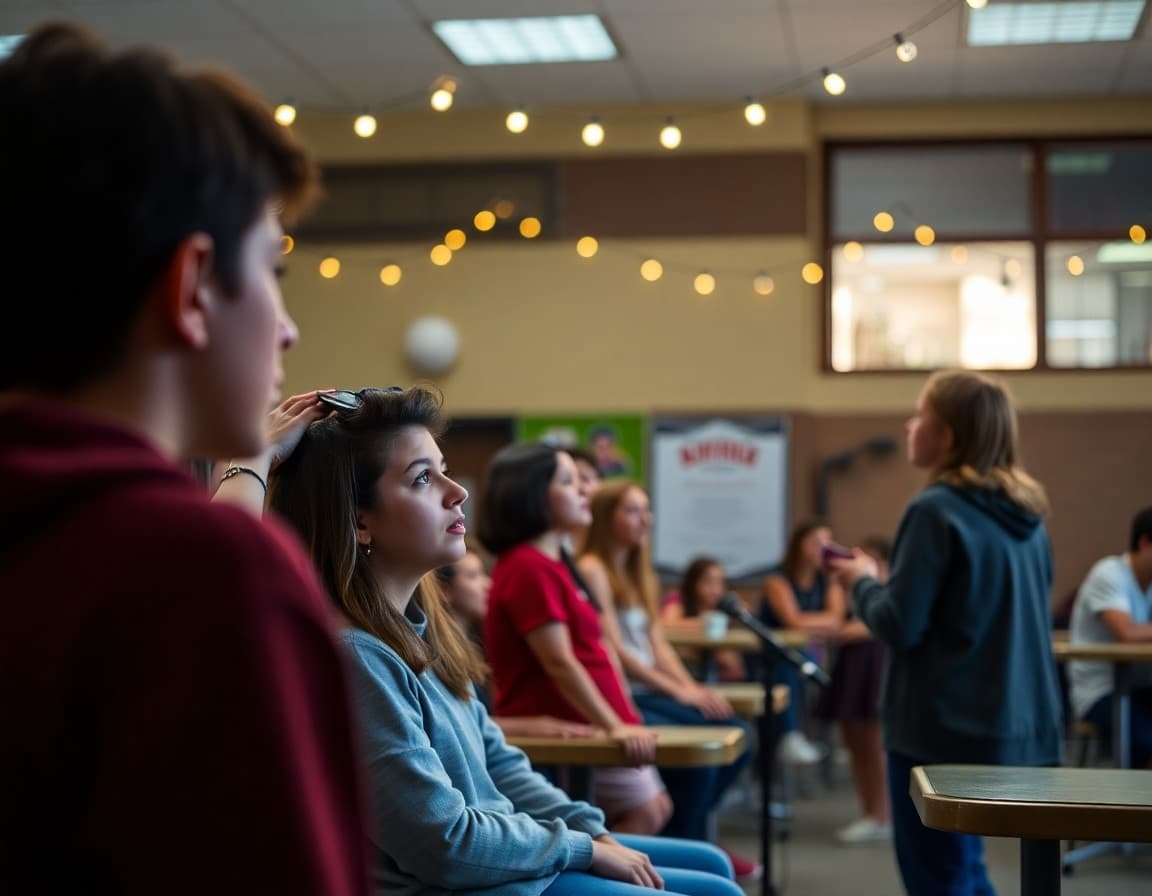 Students watching classmate sing original song at school open mic night in cafeteria with string lights