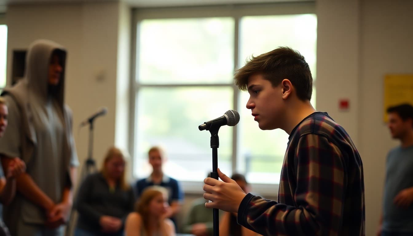 High school student performing spoken word poetry at microphone during school open mic night event