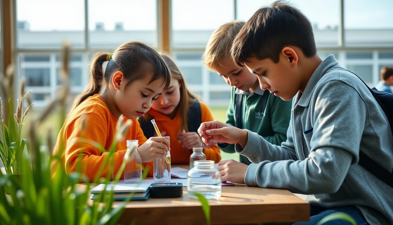 Students working on science observations in a newly constructed school outdoor classroom