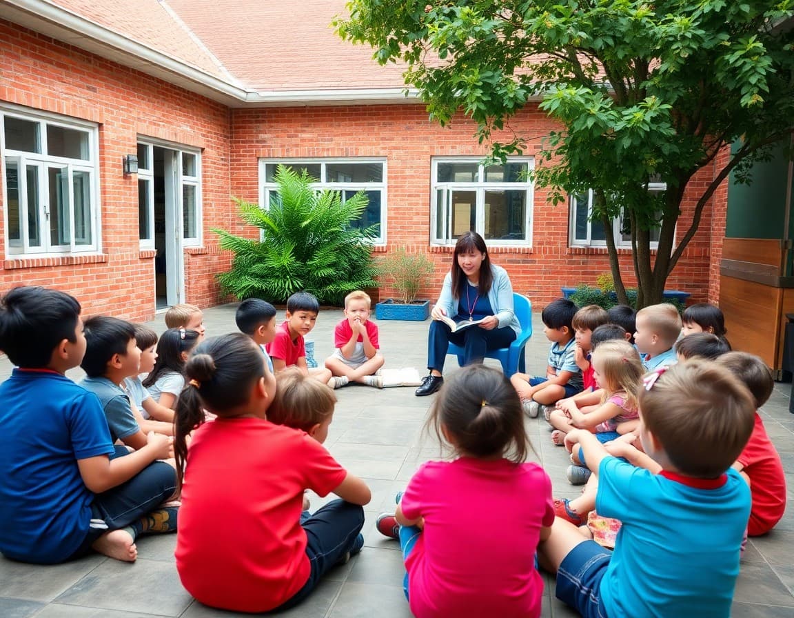 Elementary class sitting in circle outside for read-aloud with teacher in school courtyard