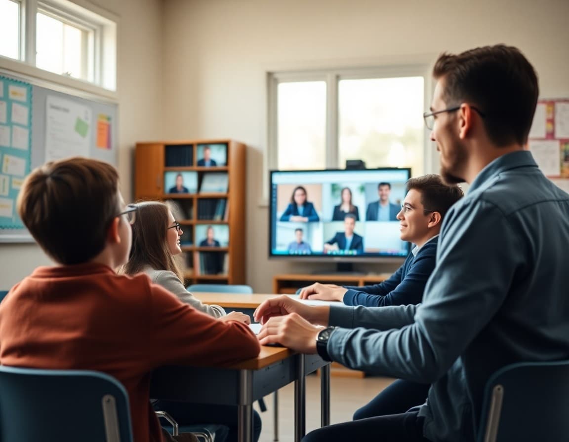 Teacher using hybrid classroom technology with both in-person and remote students