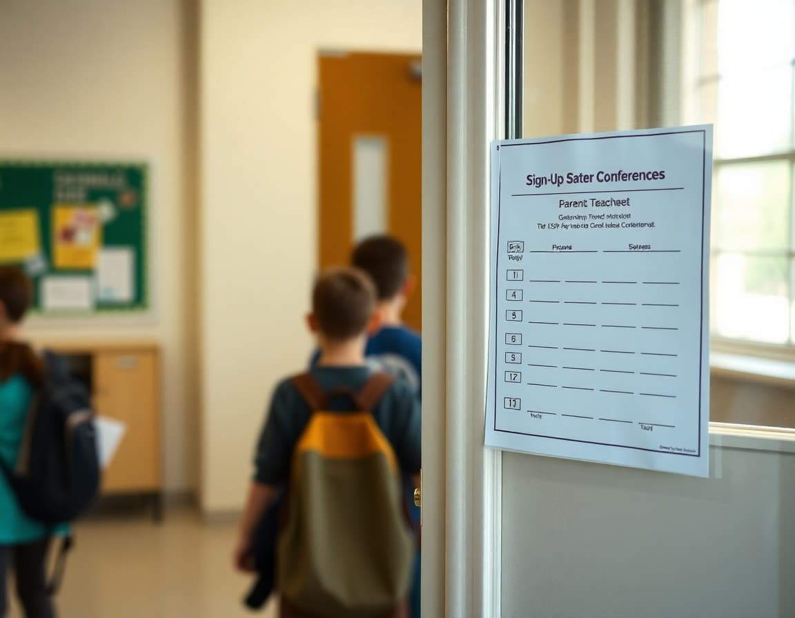 Sign-up sheet for parent-teacher conferences posted outside a classroom door