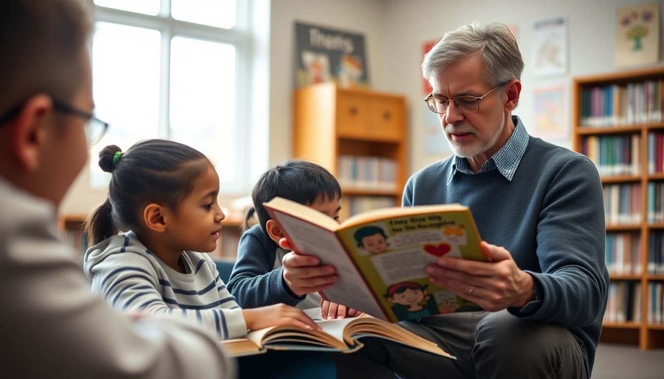 Parent volunteer reading with students in a school library setting