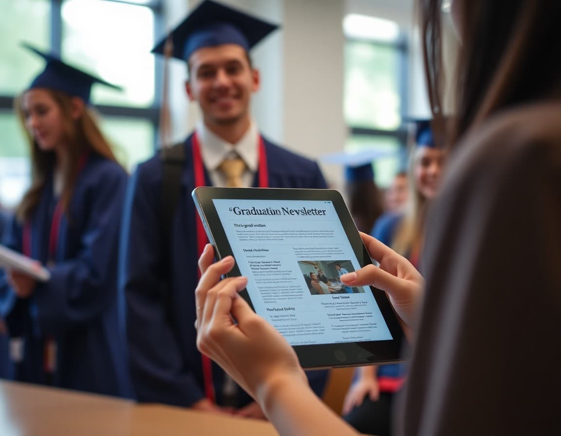 Senior graduation newsletter on a tablet at a high school commencement event