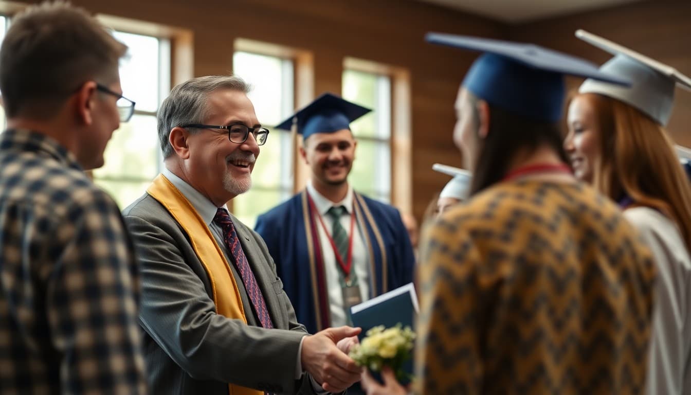 High school principal greeting parents at a senior graduation ceremony
