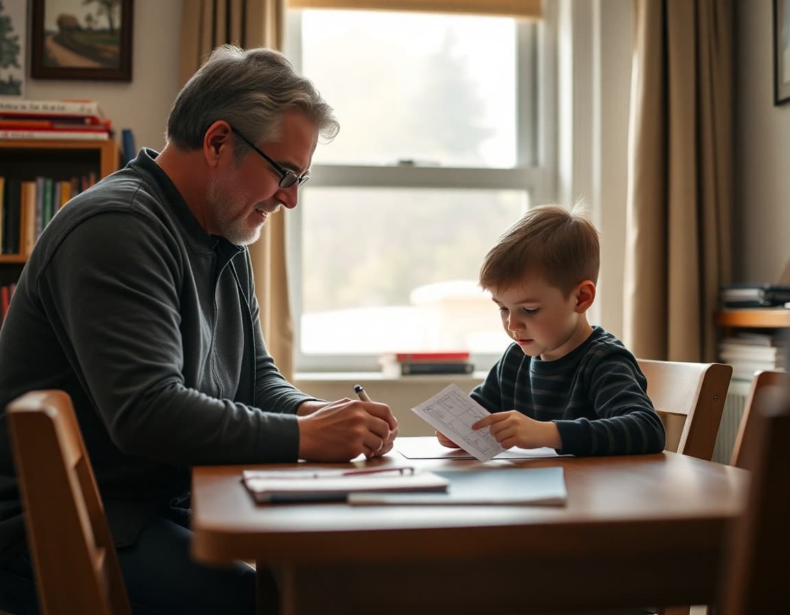 Parent helping a student prepare for a test at home with flashcards