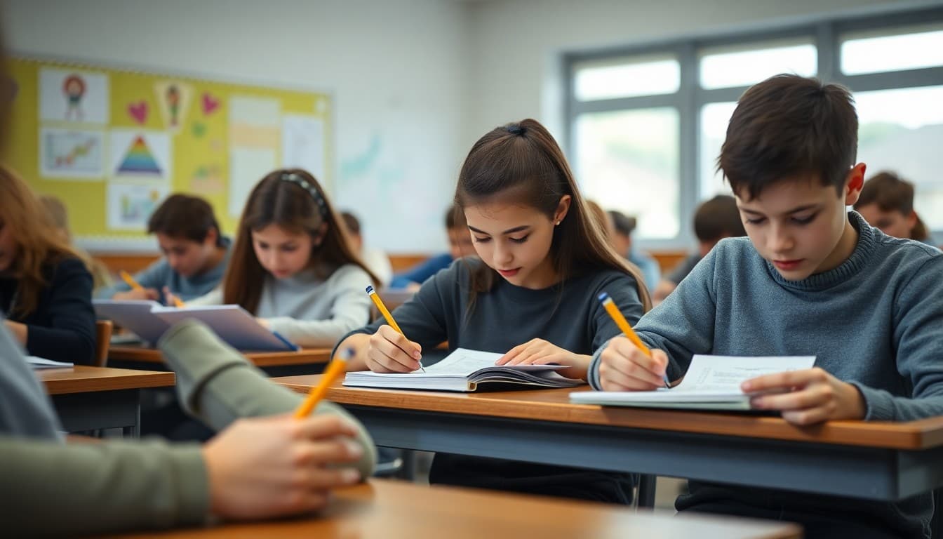 Students taking a standardized test in a quiet classroom with pencils and test booklets
