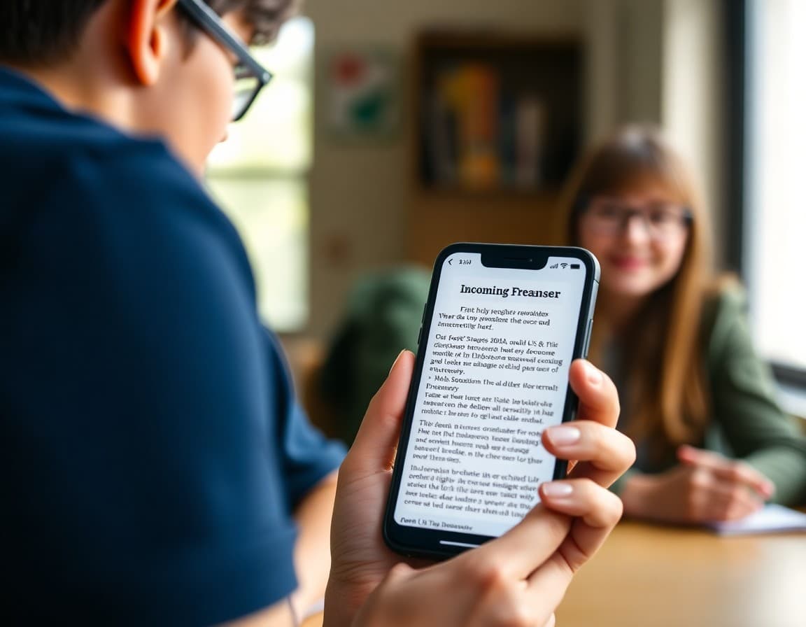 Incoming freshman parent newsletter on a phone with high school orientation details