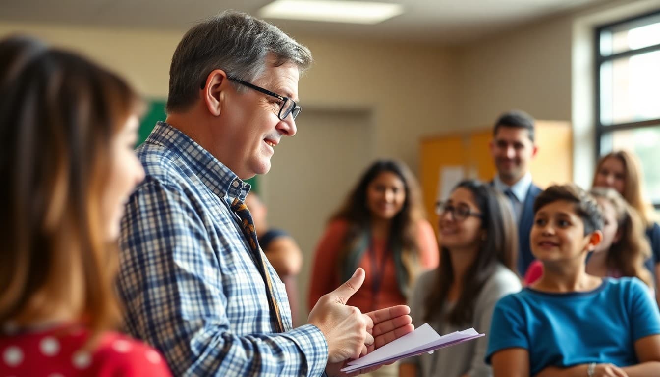 High school principal welcoming new freshman families at an orientation event