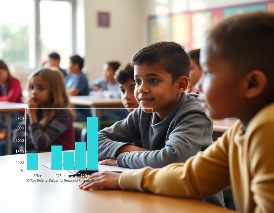 PBIS behavior data graphs showing office referral reduction and positive behavior recognition