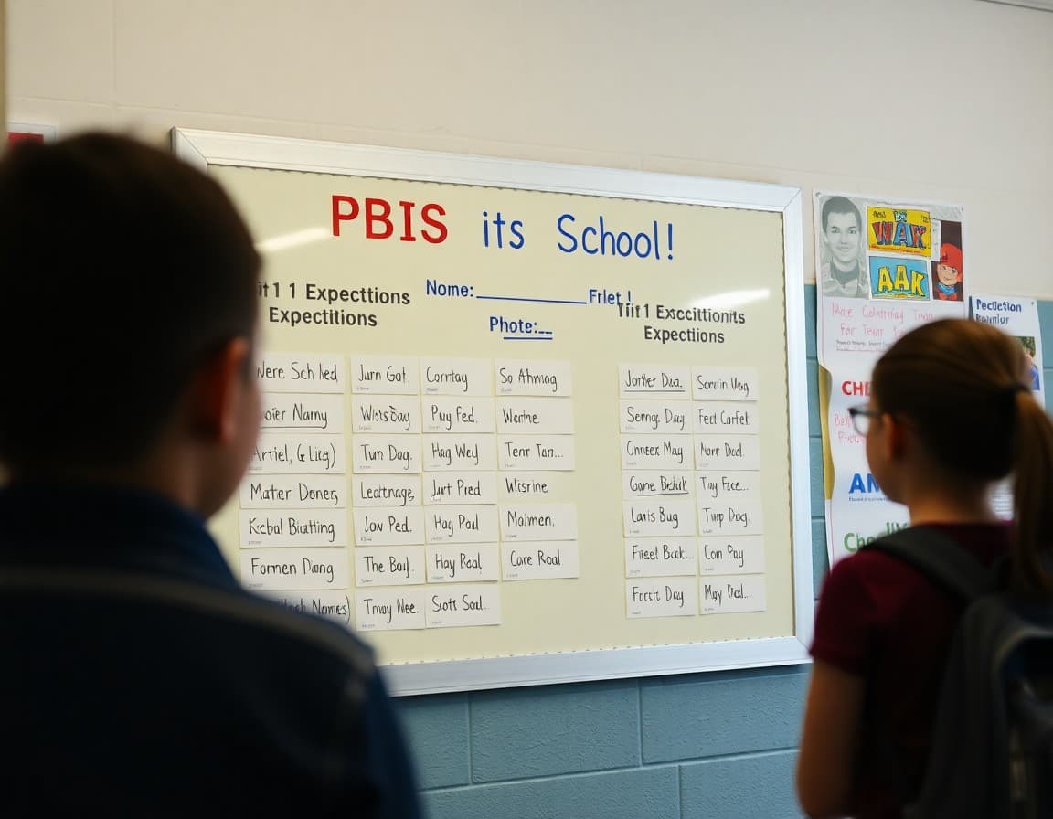 Bulletin board displaying school PBIS expectations with student names recognizing positive behavior