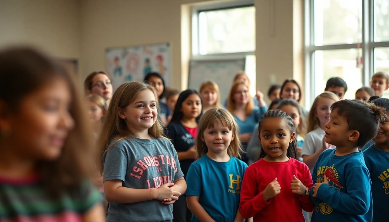 Teachers and students celebrating positive behavior recognition at a school-wide PBIS assembly