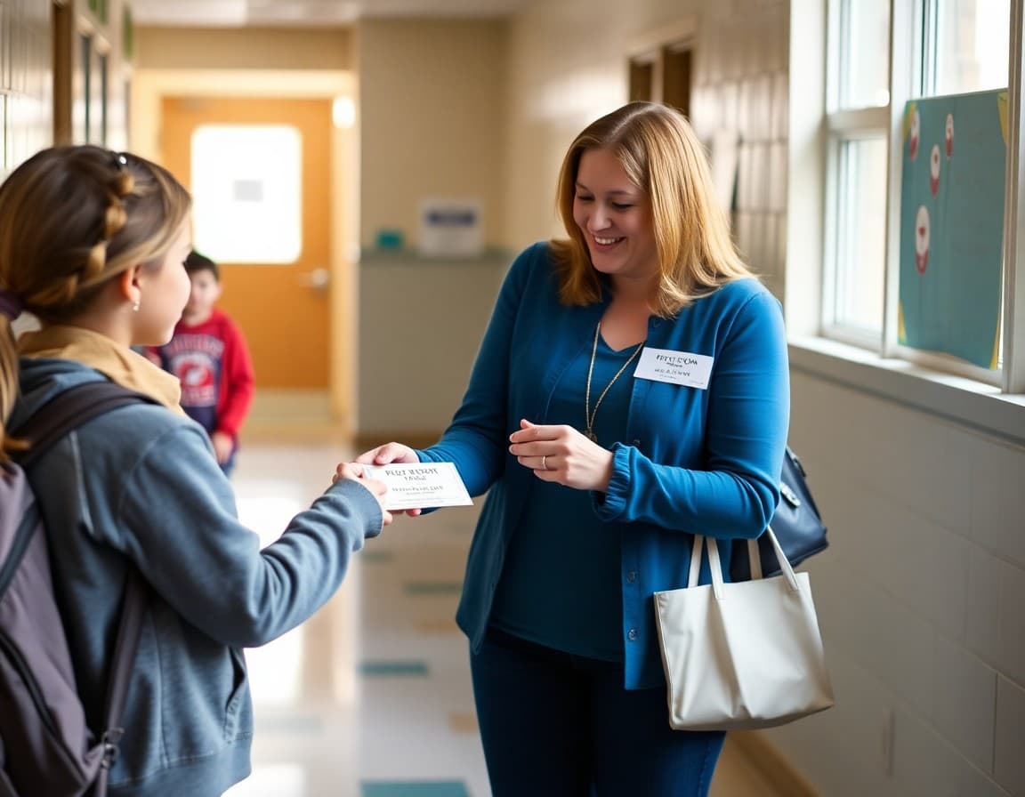 Teacher handing a student a PBIS point ticket as recognition for positive behavior in the hallway