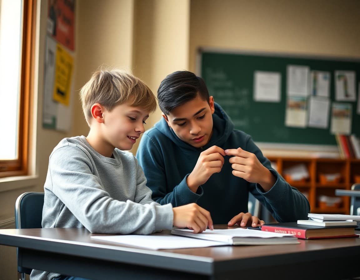 Two students working through a math problem together during a peer tutoring session