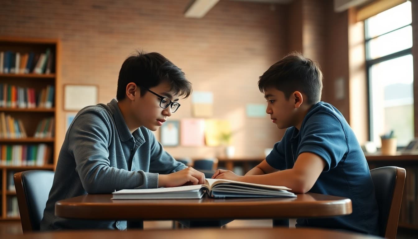 Older student tutoring a younger student at a table in a school library