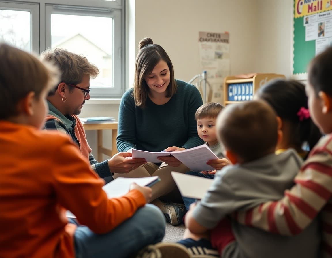 Teacher reading letters from pen pals with students gathered in a reading circle