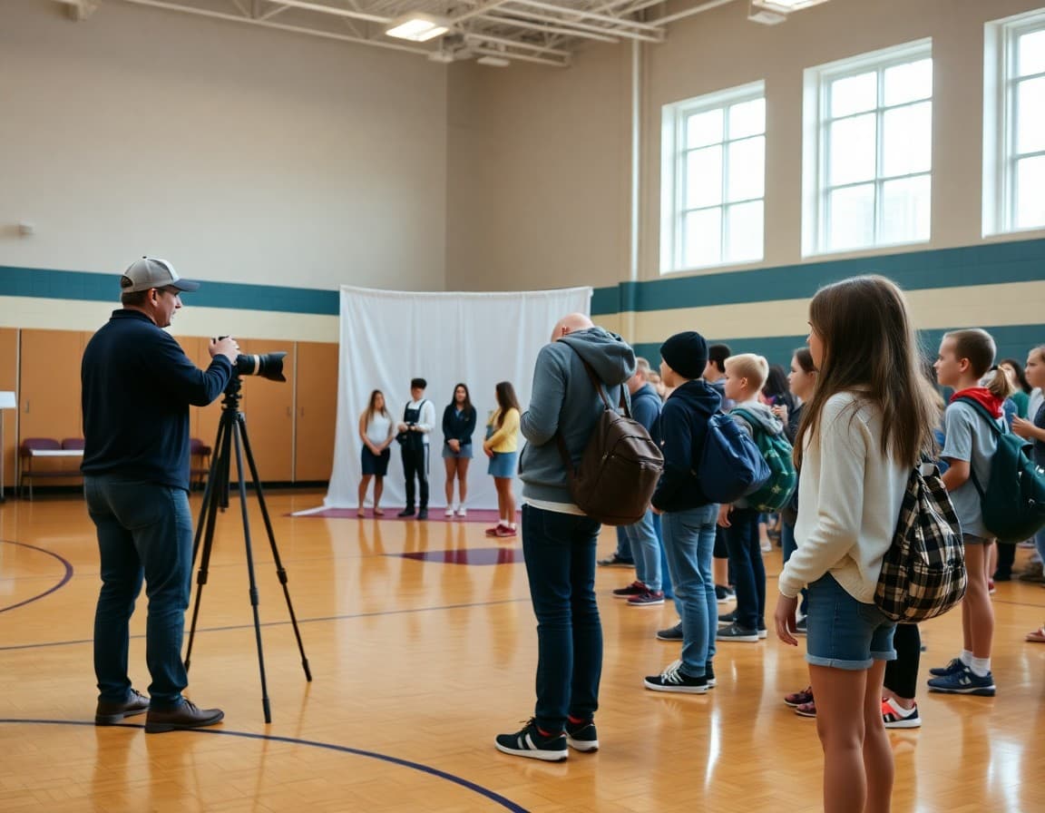 School photographer setting up backdrop for picture day in gymnasium while students wait in line