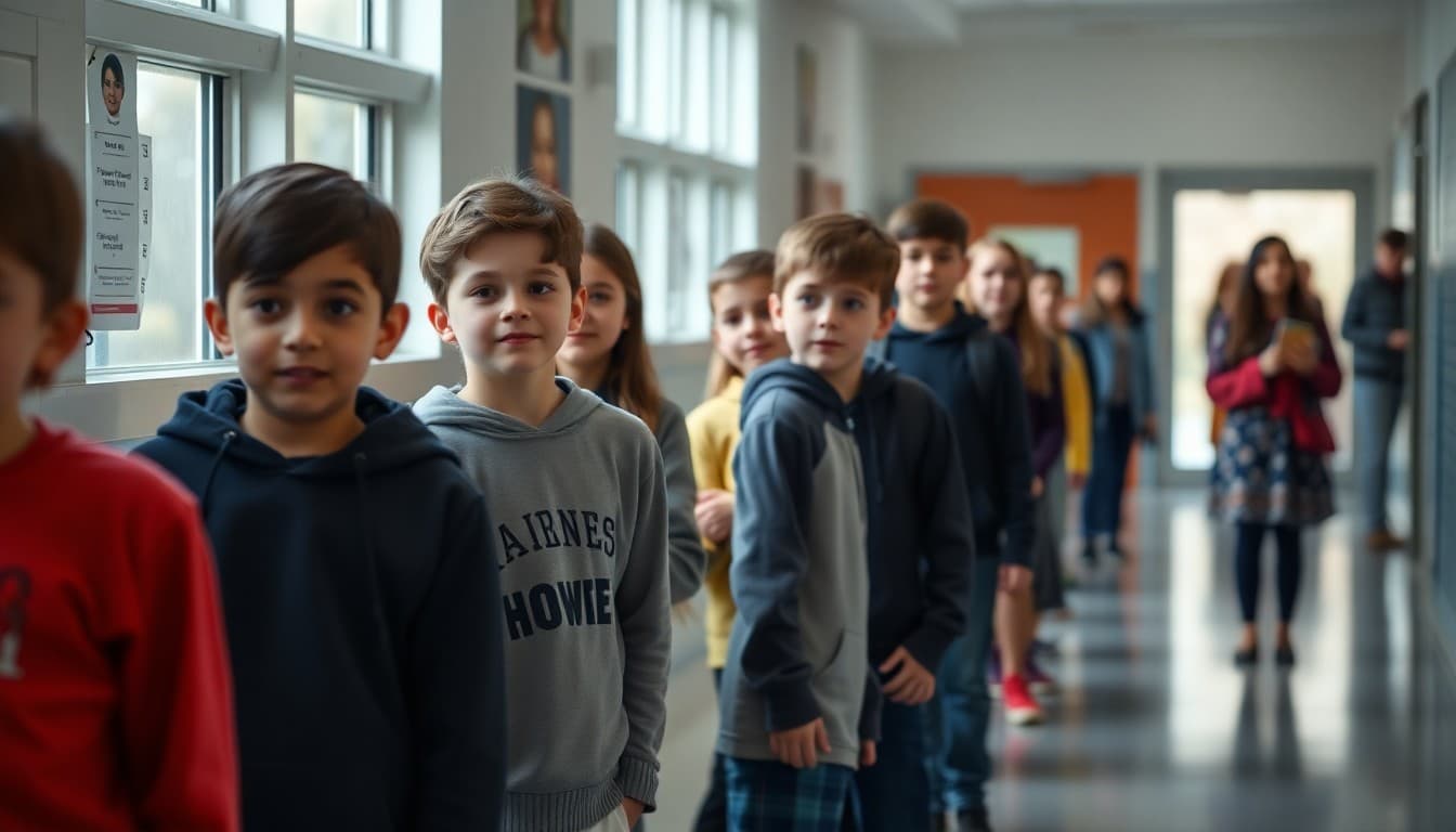 Students lined up in school hallway waiting for individual portrait photos on school picture day