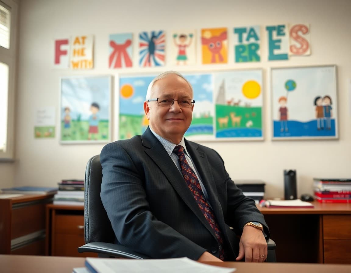 Principal sitting at desk with student artwork displayed on office wall behind