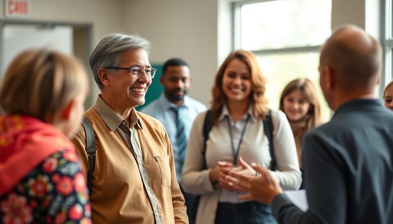 New school principal smiling and greeting families at an open house event