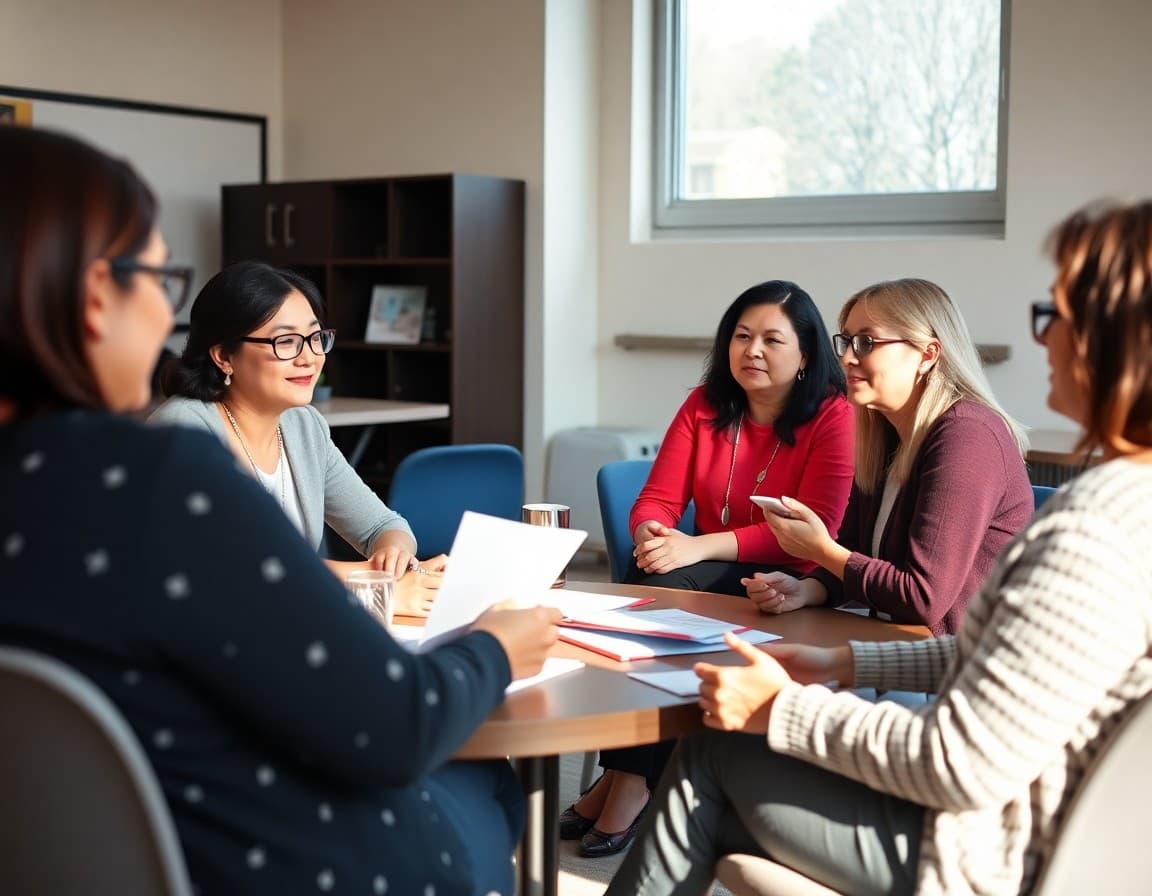 Teachers collaborating in small groups during professional development workshop in school conference room