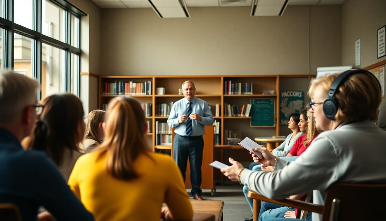 Principal speaking to faculty gathered in school library for professional development session