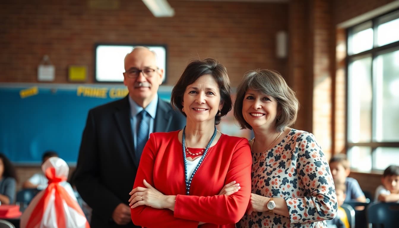 School principal and PTA president standing together at a school fundraiser event