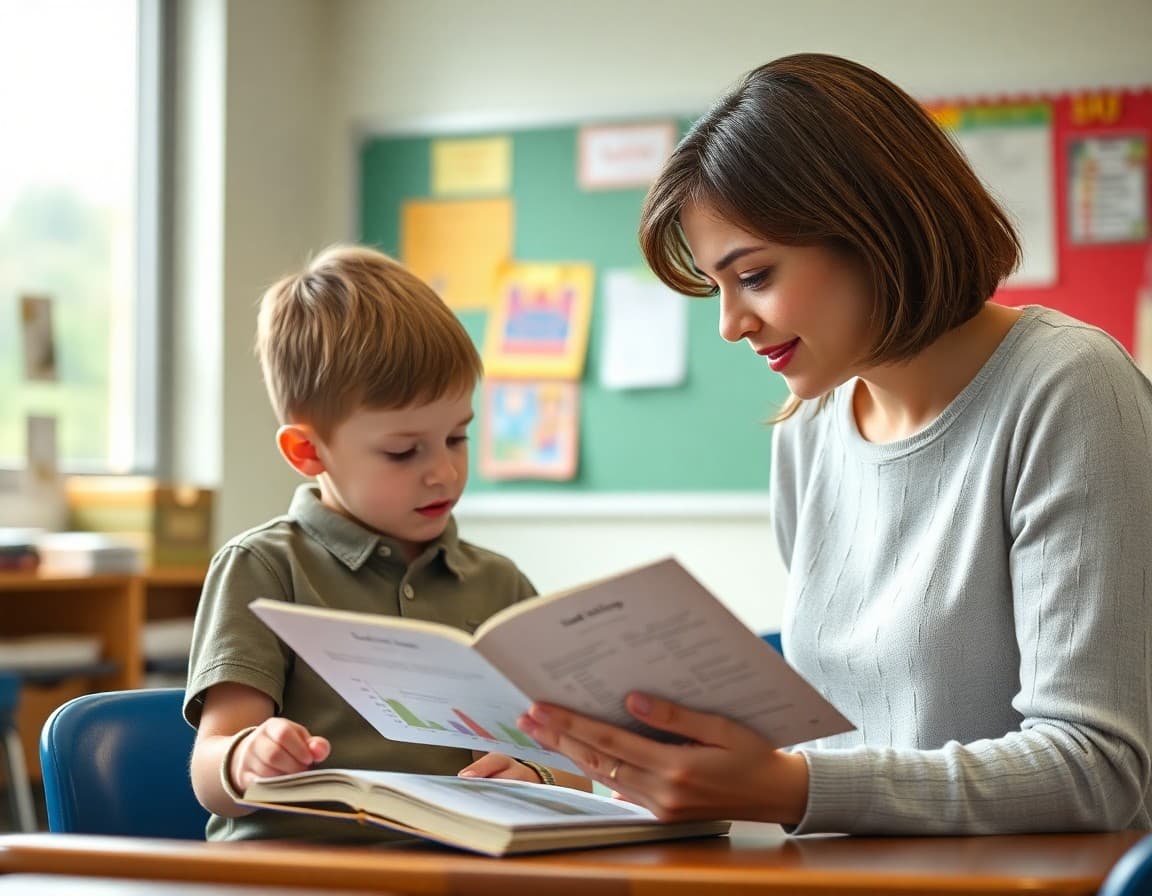 Teacher reviewing student reading assessment results with child using leveled reader in classroom
