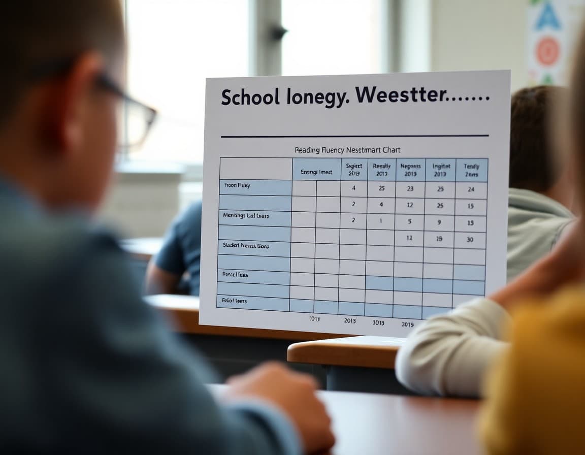 Reading fluency benchmark data chart displayed in school newsletter showing student progress
