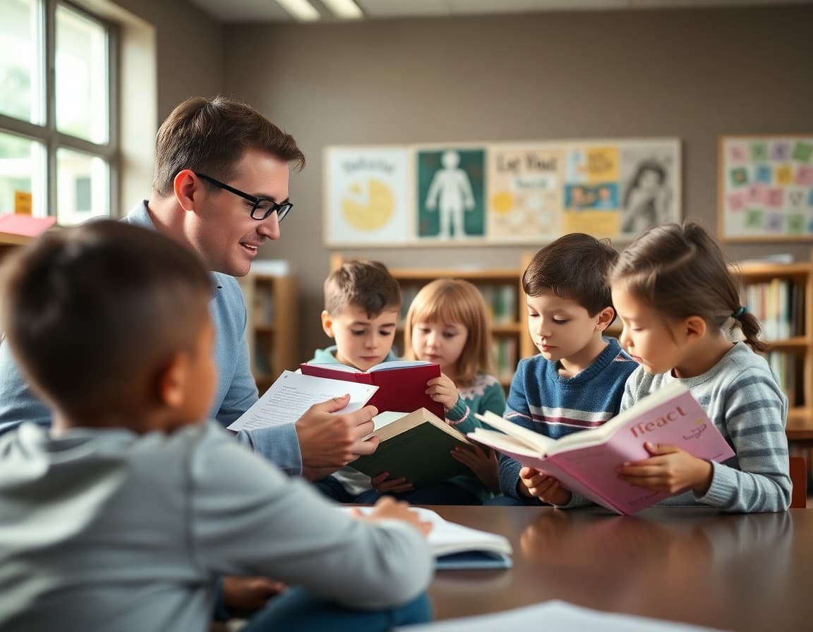 Teacher reviewing student reading logs with class in elementary school library