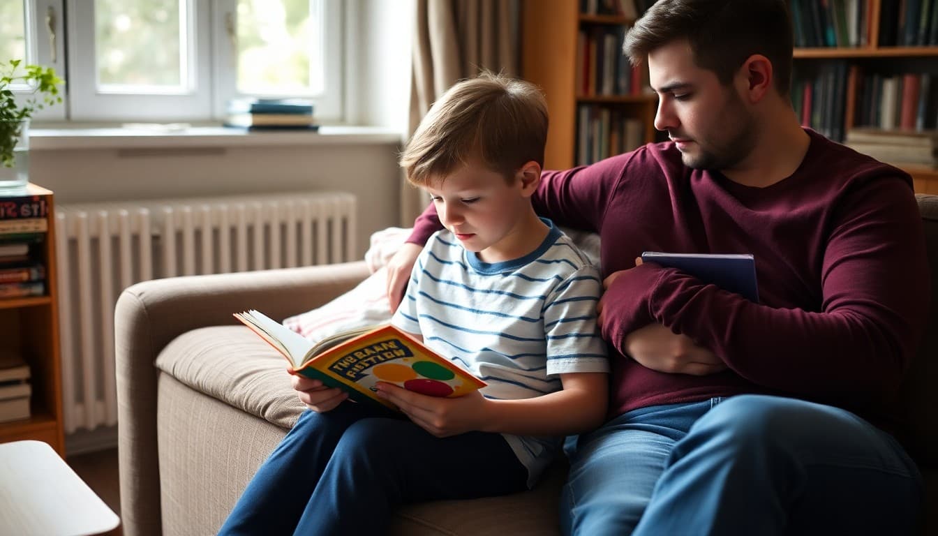 Elementary student reading book on couch while parent sits nearby in home reading environment