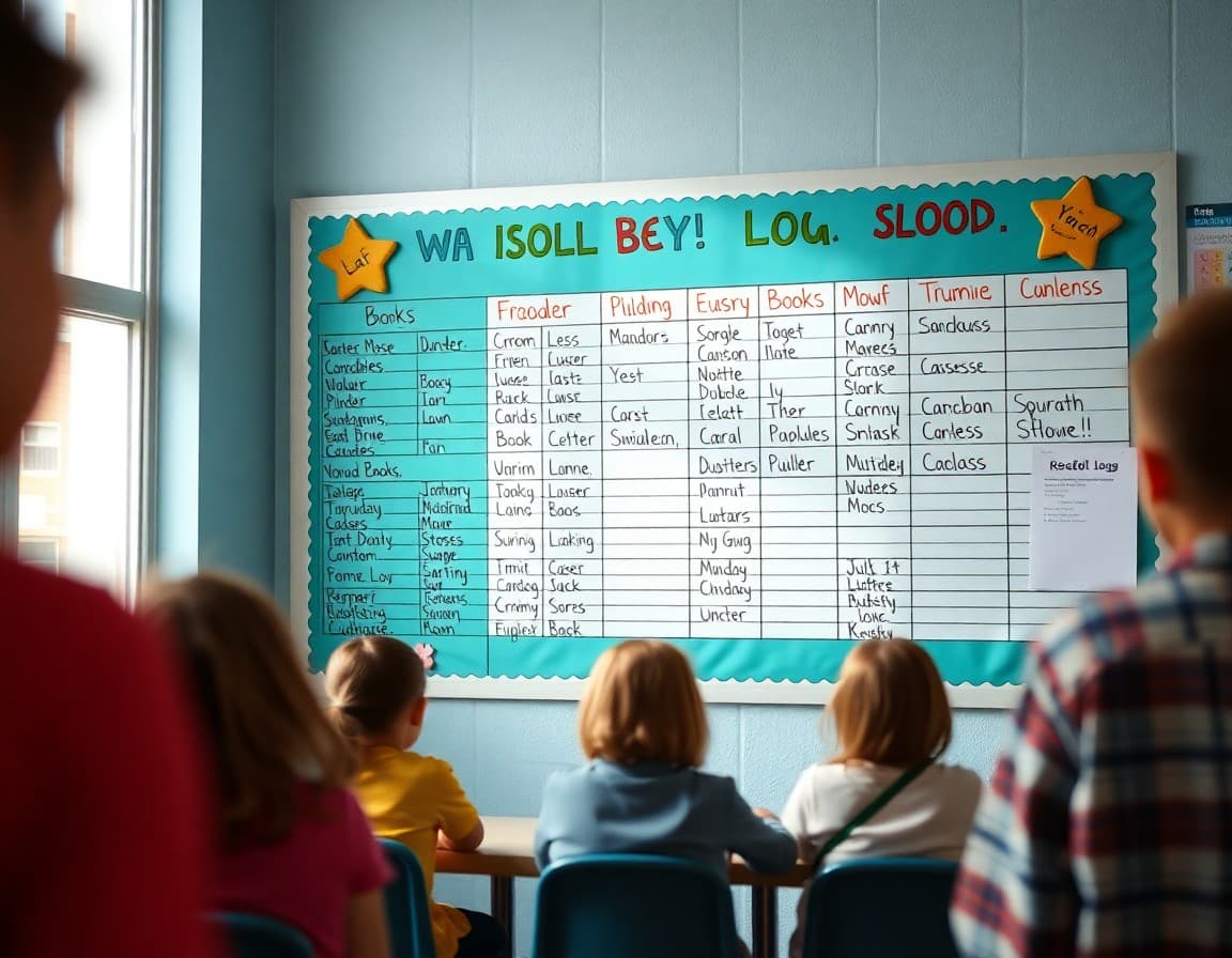 Decorated reading log bulletin board showing student names and books read during challenge