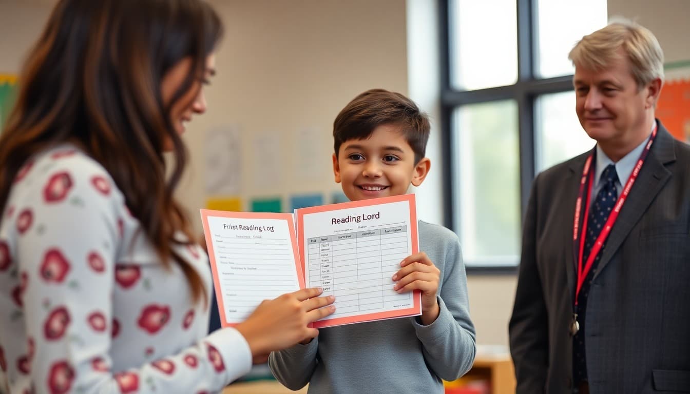 Elementary student proudly holding completed reading log with principal at award celebration