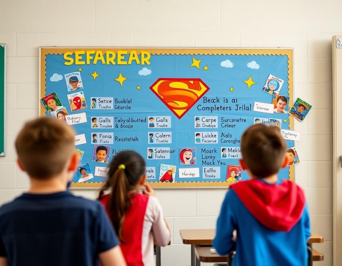 Reading superhero bulletin board with student names and books completed during challenge