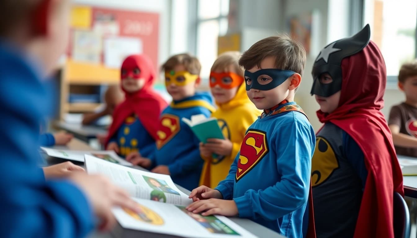 Elementary students dressed as superhero book characters for school reading celebration
