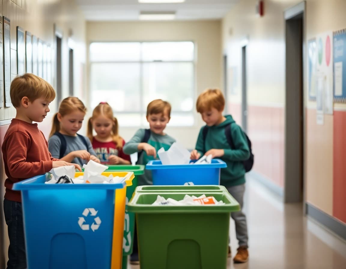 Elementary students placing paper and plastic items in color-coded recycling bins in school hallway