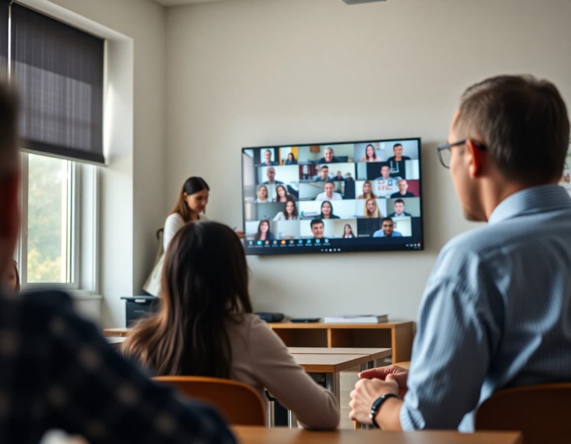 Teacher conducting a virtual class with student video thumbnails on screen