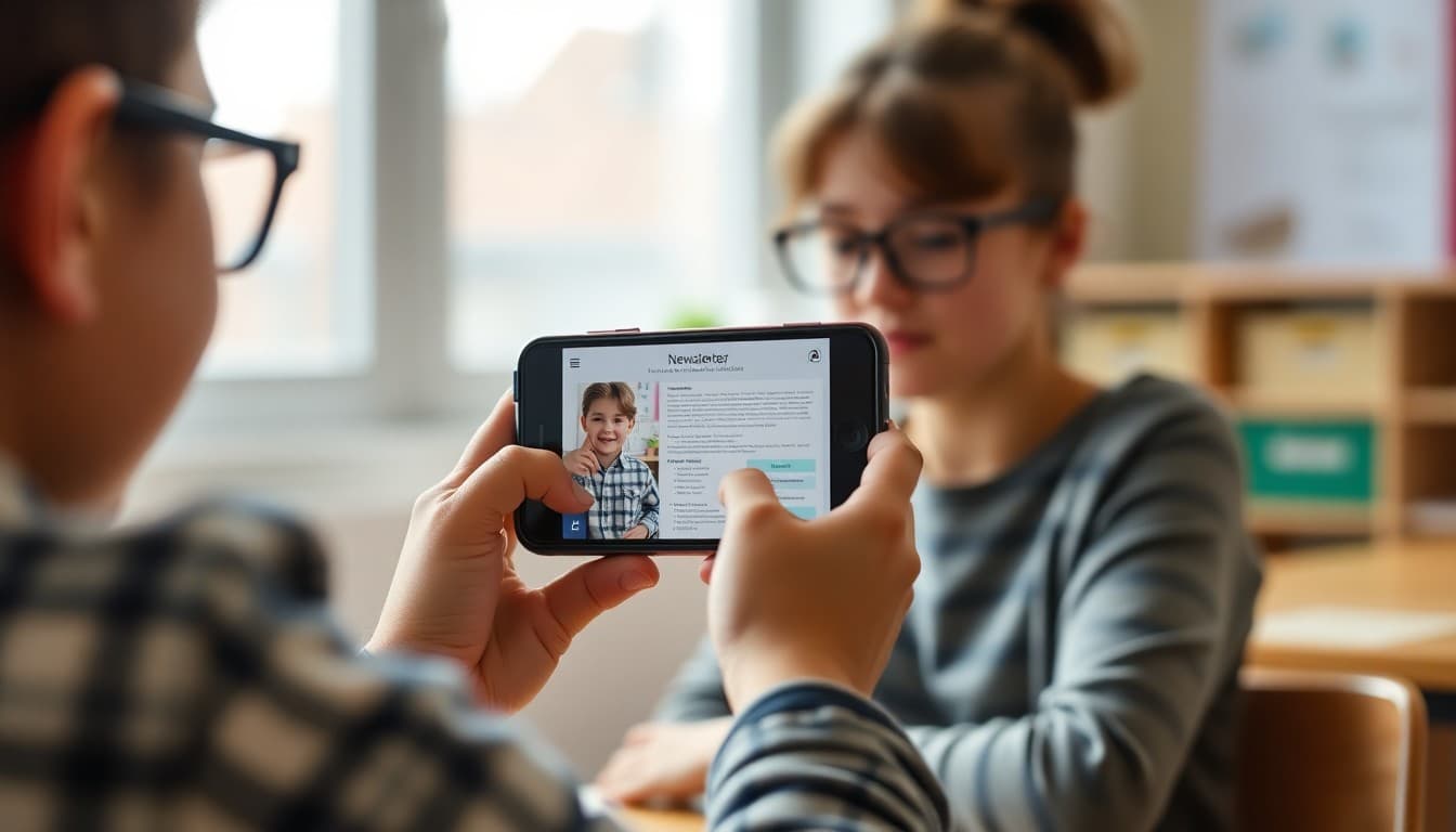 Parent on a video call with a child showing them a school newsletter on a phone