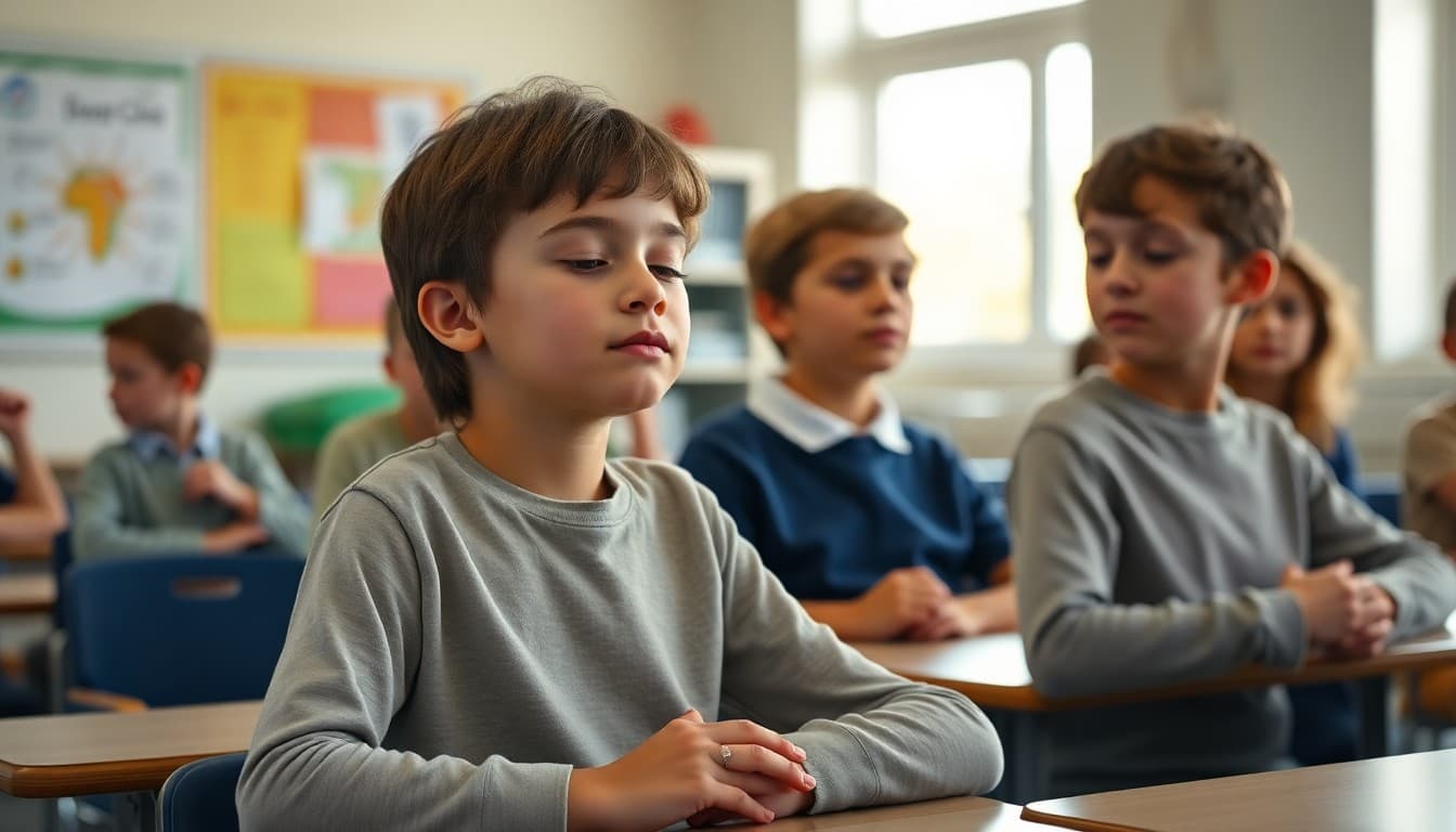 Students practicing mindfulness and breathing exercises in a calm classroom setting